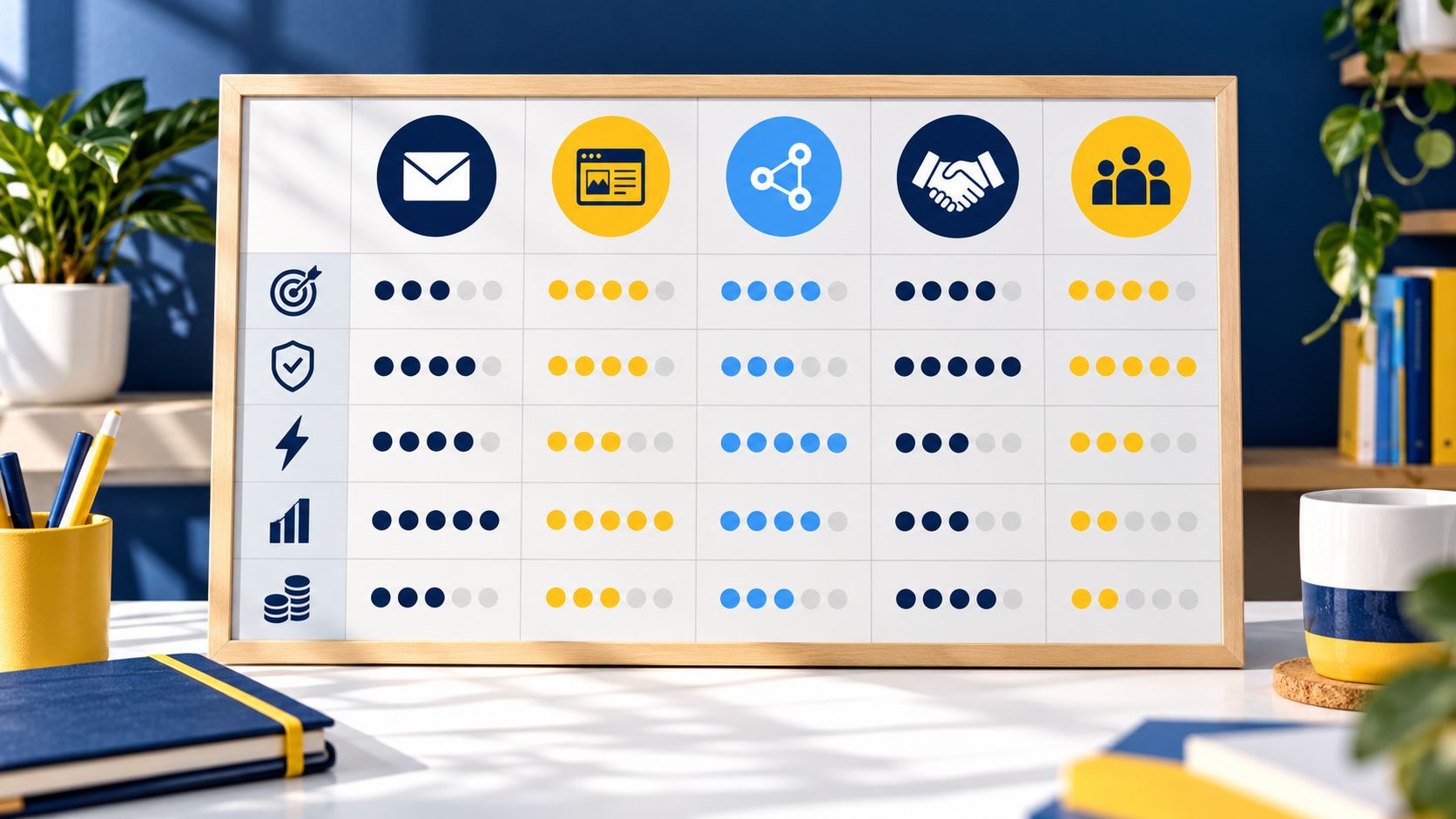 Visual channel decision matrix comparing email, website, social media, partnerships, and field teams using campaign criteria
