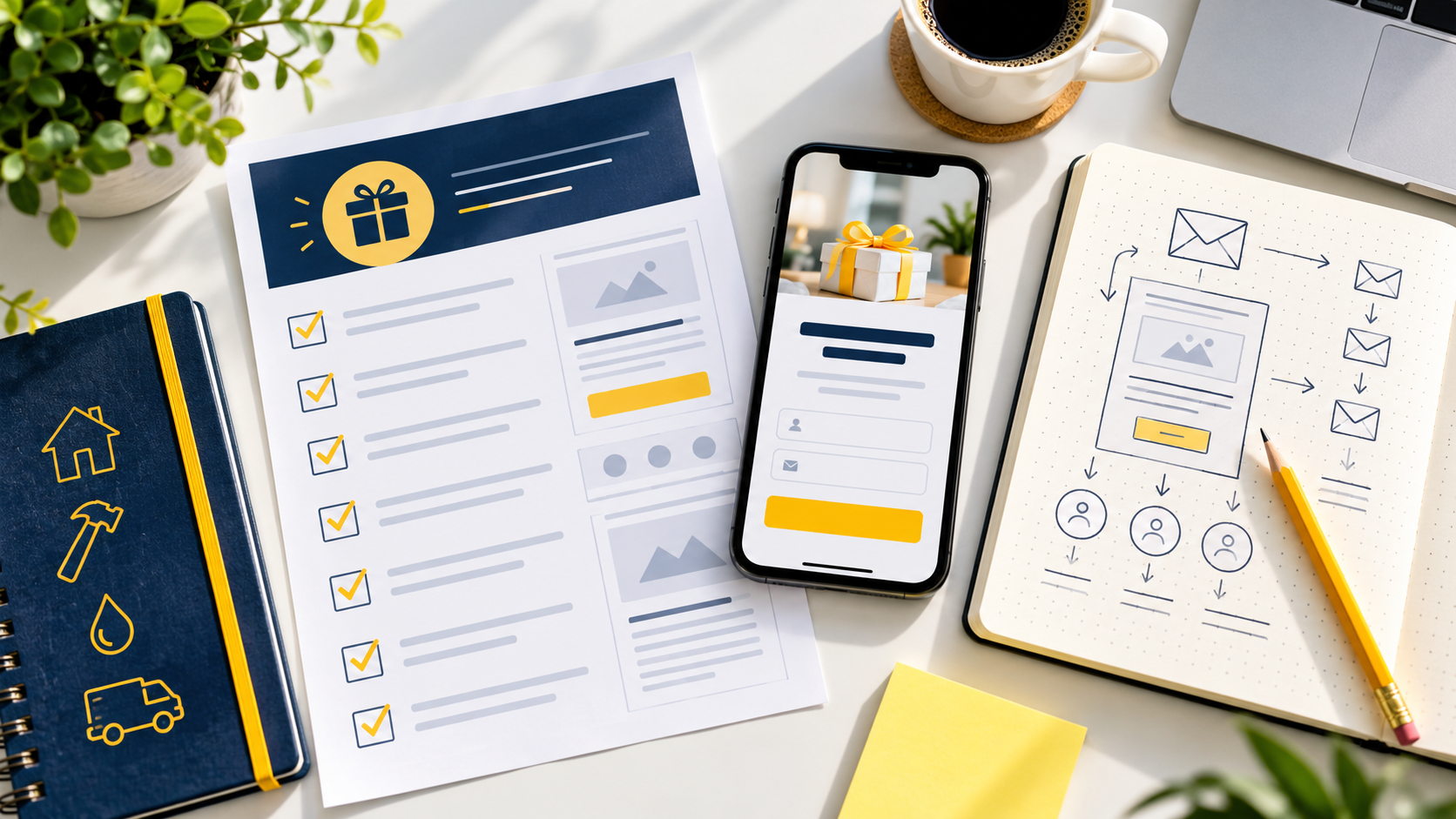 Giveaway landing page checklist, mobile sign-up preview, and local-service marketing notes on a clean planning desk