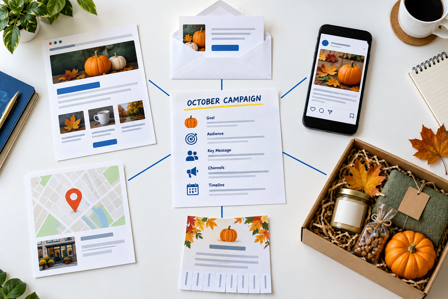 October service campaign plan connecting a consistent promise across email, landing page, local outreach, and follow-up