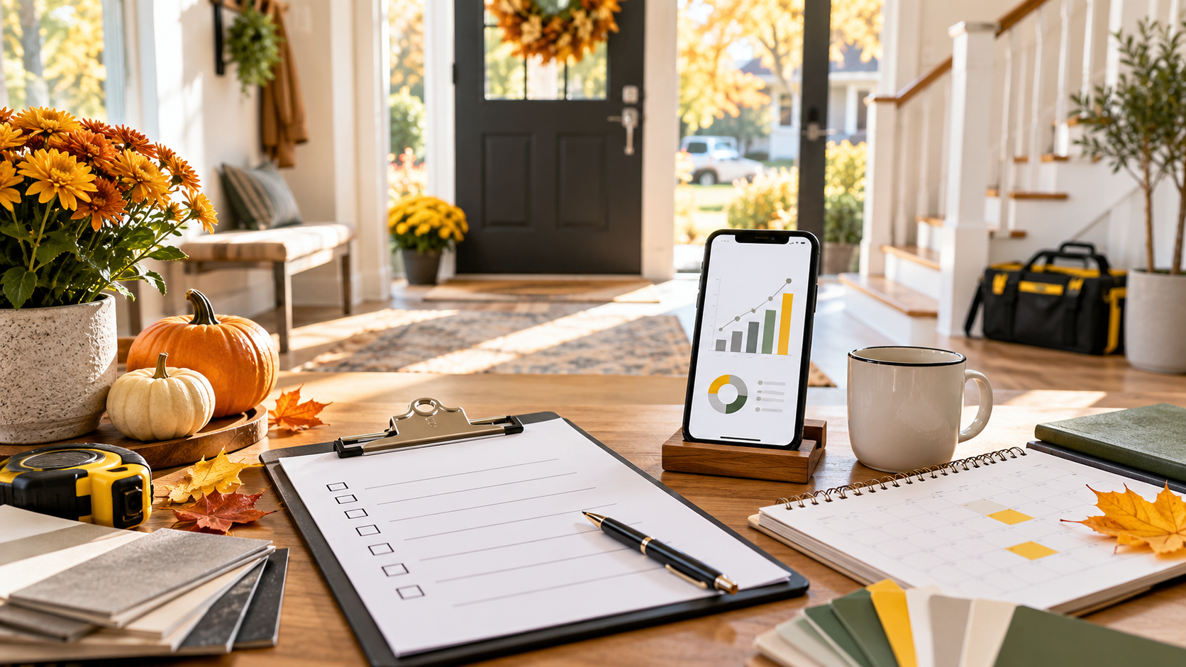 Fall campaign planning desk with a home-service checklist, calendar, and lead-performance dashboard