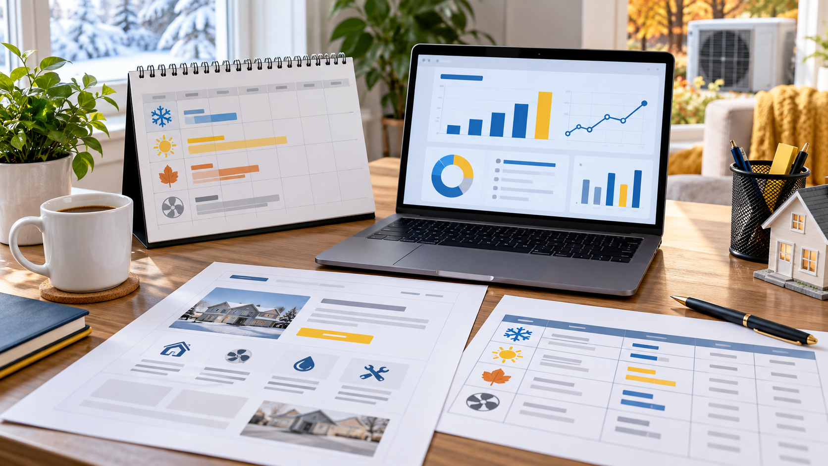 Seasonal campaign planning desk with a calendar, landing-page plan, tracking worksheet, and marketing dashboard